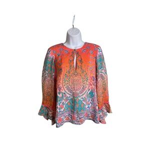 Nanette Lepore Women's Colorful Silk Boho Blouse Sz 2 Flowy Resort "White Lotus"